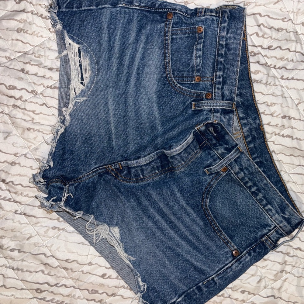 Levi's 501 high rise Blue Frayed Hem Darn It Button fly Jean Shorts